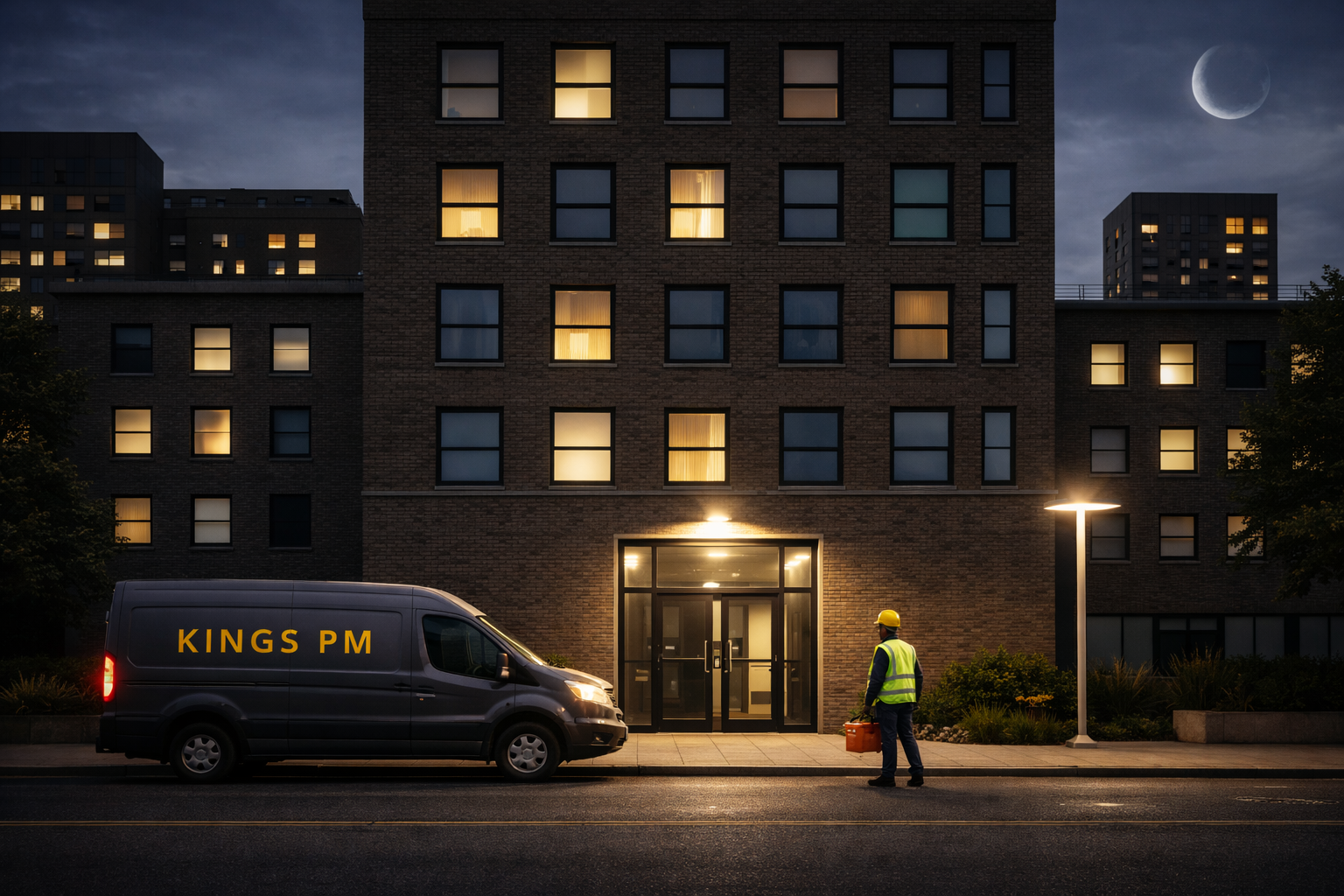 Kings Property Maintenance service van parked in front of an apartment building at dusk